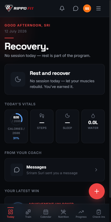 Rippd Fit app. Today: sessions, vitals, calories and coach messages